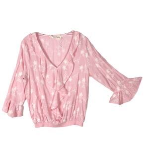 NWOT AVAILABLE by ANGELA FASHION Top L Pink Floral White Embroidery Vneck Ruffle